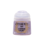 Small Citadel paint pot shown upright against a plain green background, with a white flip-top lid and a pale lilac, mottled label. The label reads “CITADEL,” “DRY,” and “LUCIUS LILAC.”