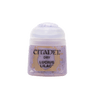 Small Citadel paint pot shown upright against a plain green background, with a white flip-top lid and a pale lilac, mottled label. The label reads “CITADEL,” “DRY,” and “LUCIUS LILAC.”