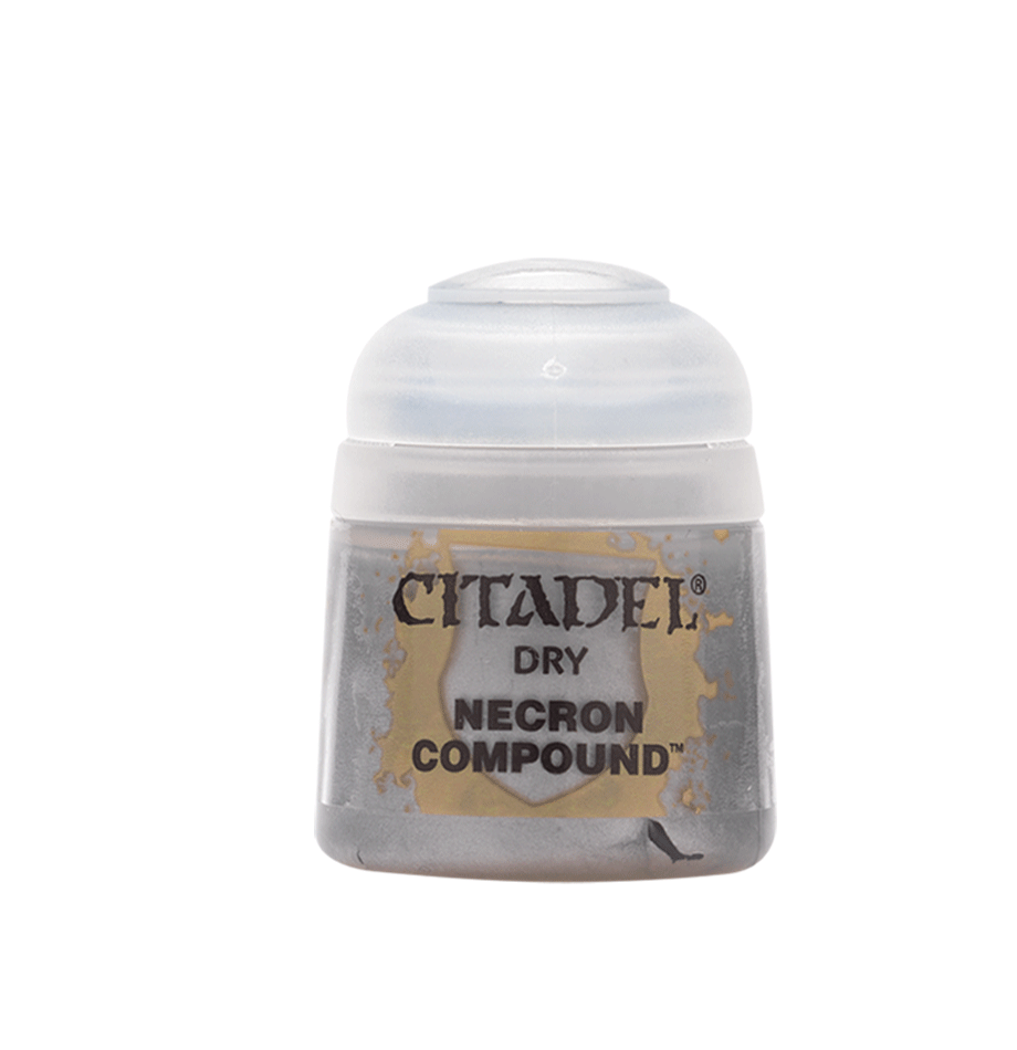 A small squat paint pot with a white ribbed flip-top lid and a gray body, shown upright against a plain background. Its label reads “CITADEL,” “DRY,” and “NECRON COMPOUND.”