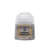 A small squat paint pot with a white ribbed flip-top lid and a gray body, shown upright against a plain background. Its label reads “CITADEL,” “DRY,” and “NECRON COMPOUND.”