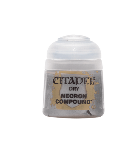 A small squat paint pot with a white ribbed flip-top lid and a gray body, shown upright against a plain background. Its label reads “CITADEL,” “DRY,” and “NECRON COMPOUND.”