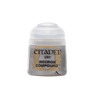 A small squat paint pot with a white ribbed flip-top lid and a gray body, shown upright against a plain background. Its label reads “CITADEL,” “DRY,” and “NECRON COMPOUND.”