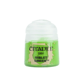 A small pot of bright green Citadel paint stands upright with a rounded white cap. The beige label reads “CITADEL,” “DRY,” and “NIBLET GREEN.”