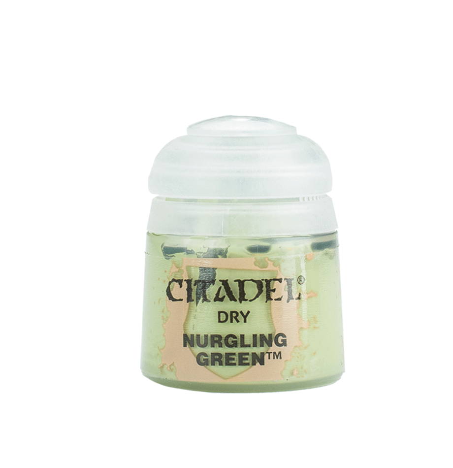 Small paint pot with a rounded white flip-top lid and pale green label with tan edging. The label reads “CITADEL,” “DRY,” and “NURGLING GREEN.”