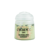 Small paint pot with a rounded white flip-top lid and pale green label with tan edging. The label reads “CITADEL,” “DRY,” and “NURGLING GREEN.”