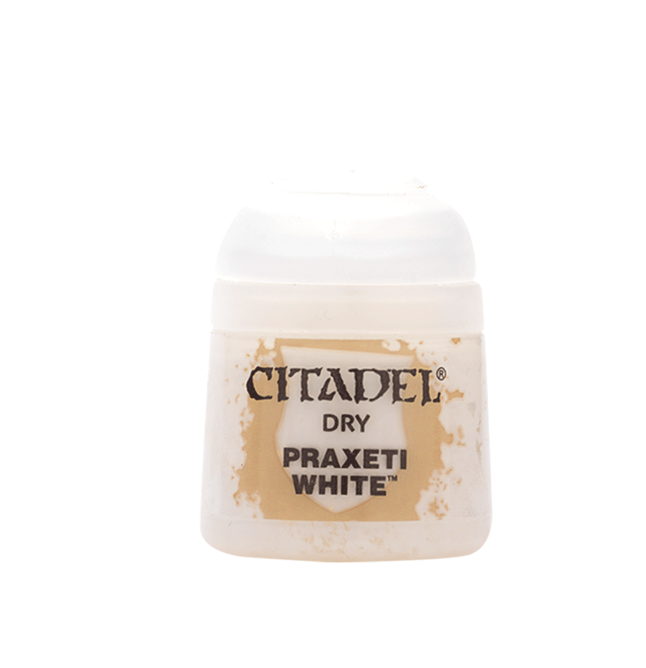 A small white paint pot with a rounded dome lid and a cream-and-tan mottled label, shown against a muted green background. The label reads “CITADEL,” “DRY,” and “PRAXETI WHITE.”