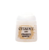 A small white paint pot with a rounded dome lid and a cream-and-tan mottled label, shown against a muted green background. The label reads “CITADEL,” “DRY,” and “PRAXETI WHITE.”