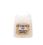 A small white paint pot with a rounded dome lid and a cream-and-tan mottled label, shown against a muted green background. The label reads “CITADEL,” “DRY,” and “PRAXETI WHITE.”