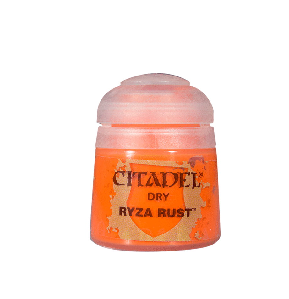 A small bright orange paint pot stands upright against a plain dark green background, with a pale pink translucent cap and a gold-and-orange label reading “CITADEL,” “DRY,” and “RYZA RUST.”