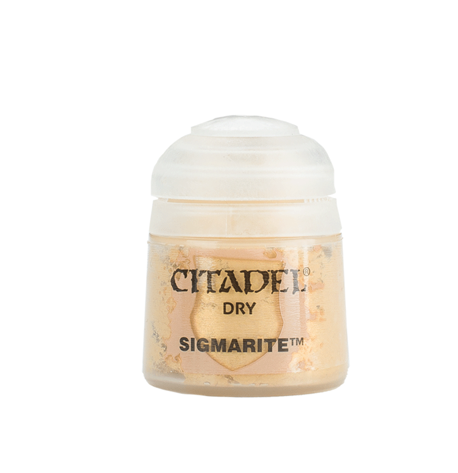 A small pot of pale gold-beige dry paint with a white ridged cap and a matching paint-stained label. The label reads “CITADEL,” “DRY,” and “SIGMARITE.”