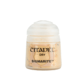 A small pot of pale gold-beige dry paint with a white ridged cap and a matching paint-stained label. The label reads “CITADEL,” “DRY,” and “SIGMARITE.”