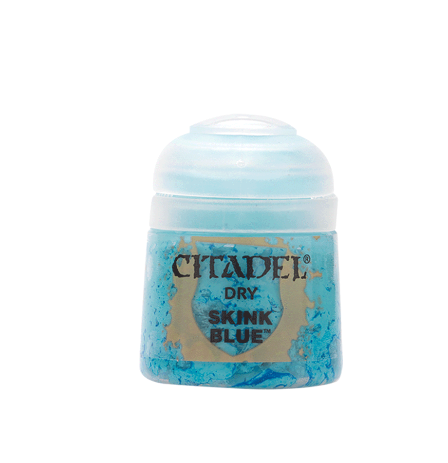 A small squat pot of bright blue paint with a rounded white lid, shown upright against a plain background. The front label reads “CITADEL,” “DRY,” and “SKINK BLUE.”