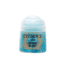 A small squat pot of bright blue paint with a rounded white lid, shown upright against a plain background. The front label reads “CITADEL,” “DRY,” and “SKINK BLUE.”
