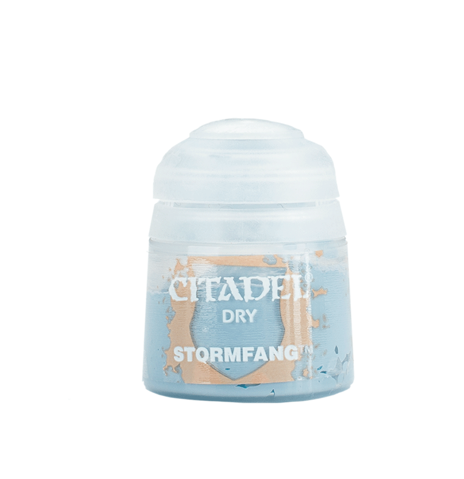 A small squat paint pot with a white ridged cap and a light blue label featuring a tan shield graphic. The label reads “CITADEL,” “DRY,” and “STORMFANG.”