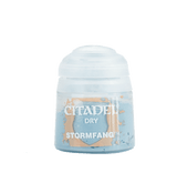 A small squat paint pot with a white ridged cap and a light blue label featuring a tan shield graphic. The label reads “CITADEL,” “DRY,” and “STORMFANG.”
