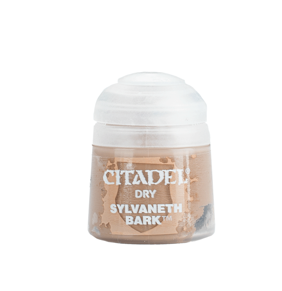 A small paint pot with a rounded white cap and a clear lower container filled with warm tan-brown paint. Its front label reads “CITADEL,” “DRY,” and “SYLVANETH BARK.”