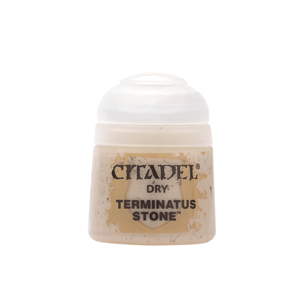 A small Citadel dry paint pot with an off-white domed lid and a pale beige label mottled with stone-like marks. The label reads “CITADEL,” “DRY,” and “TERMINATUS STONE.”