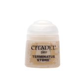 A small Citadel dry paint pot with an off-white domed lid and a pale beige label mottled with stone-like marks. The label reads “CITADEL,” “DRY,” and “TERMINATUS STONE.”