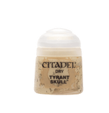 A small squat pot of beige miniature paint with a white rounded lid. Its mottled tan label reads “CITADEL,” “DRY,” and “TYRANT SKULL” in bold black lettering.