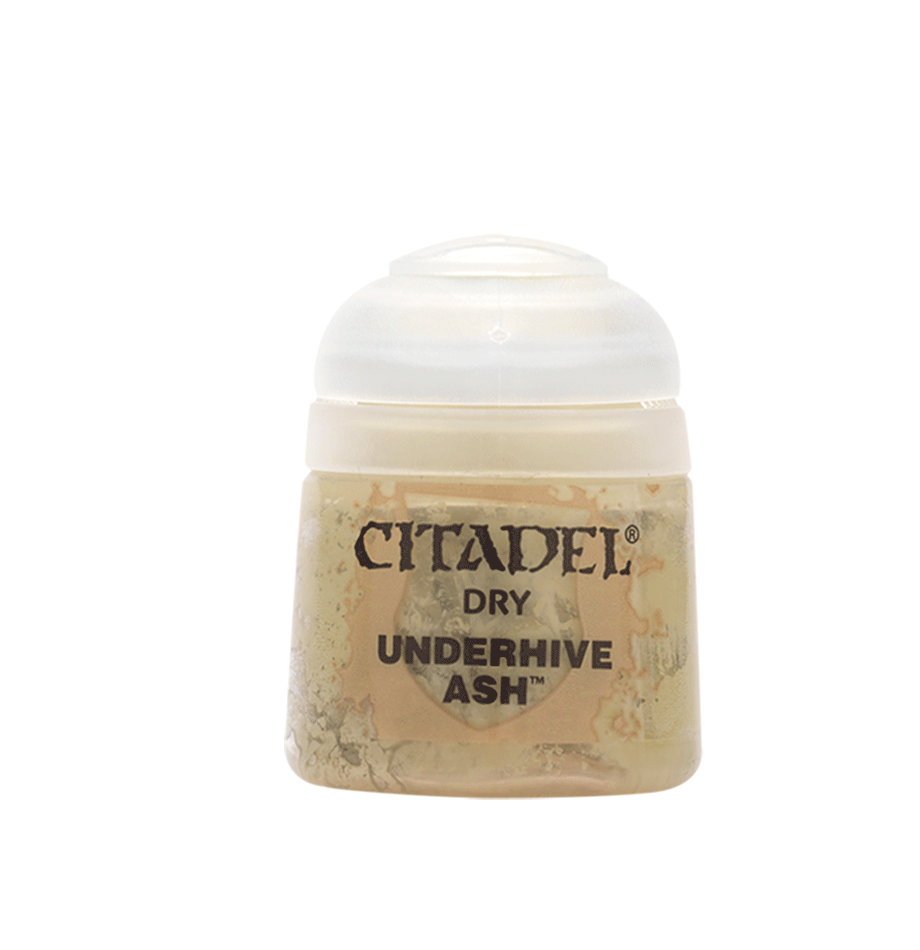 A small squat pot of beige Citadel dry paint with a white domed flip-top lid, shown upright against a plain green background. Its mottled tan label reads “CITADEL,” “DRY,” and “UNDERHIVE ASH.”