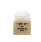 A small squat pot of beige Citadel dry paint with a white domed flip-top lid, shown upright against a plain green background. Its mottled tan label reads “CITADEL,” “DRY,” and “UNDERHIVE ASH.”