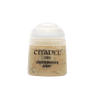 A small squat pot of beige Citadel dry paint with a white domed flip-top lid, shown upright against a plain green background. Its mottled tan label reads “CITADEL,” “DRY,” and “UNDERHIVE ASH.”