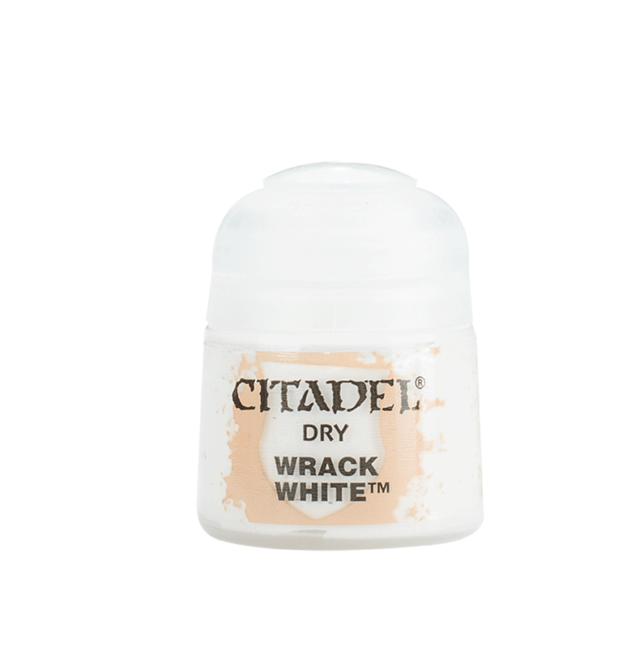 A small white Citadel paint pot with a rounded white lid and a pale peach-and-white label. The label reads “CITADEL,” “DRY,” and “WRACK WHITE.”