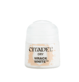 A small white Citadel paint pot with a rounded white lid and a pale peach-and-white label. The label reads “CITADEL,” “DRY,” and “WRACK WHITE.”