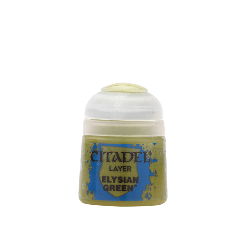 A small squat paint pot with an olive-green body, white ridged cap and blue splash graphic on the label. The label reads “CITADEL,” “LAYER” and “ELYSIAN GREEN.”