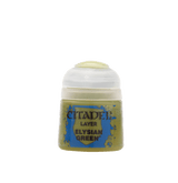 A small squat paint pot with an olive-green body, white ridged cap and blue splash graphic on the label. The label reads “CITADEL,” “LAYER” and “ELYSIAN GREEN.”