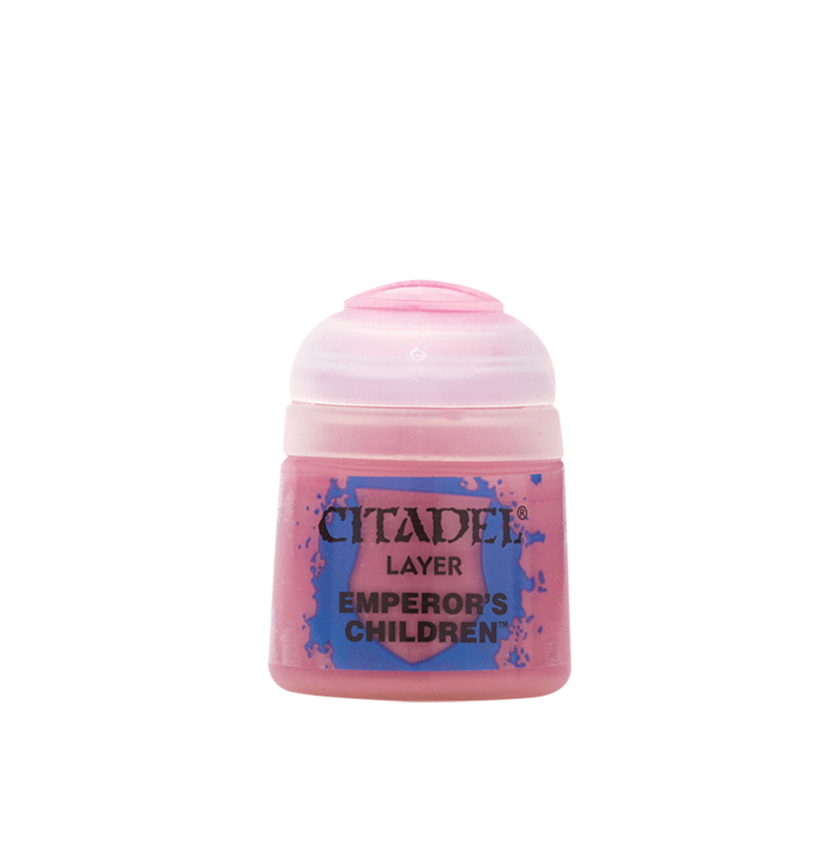 A squat pink paint pot with a rounded pale-pink cap stands against a solid dark green background. Its blue-and-pink label reads “CITADEL,” “LAYER,” and “EMPEROR’S CHILDREN.”