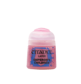 A squat pink paint pot with a rounded pale-pink cap stands against a solid dark green background. Its blue-and-pink label reads “CITADEL,” “LAYER,” and “EMPEROR’S CHILDREN.”