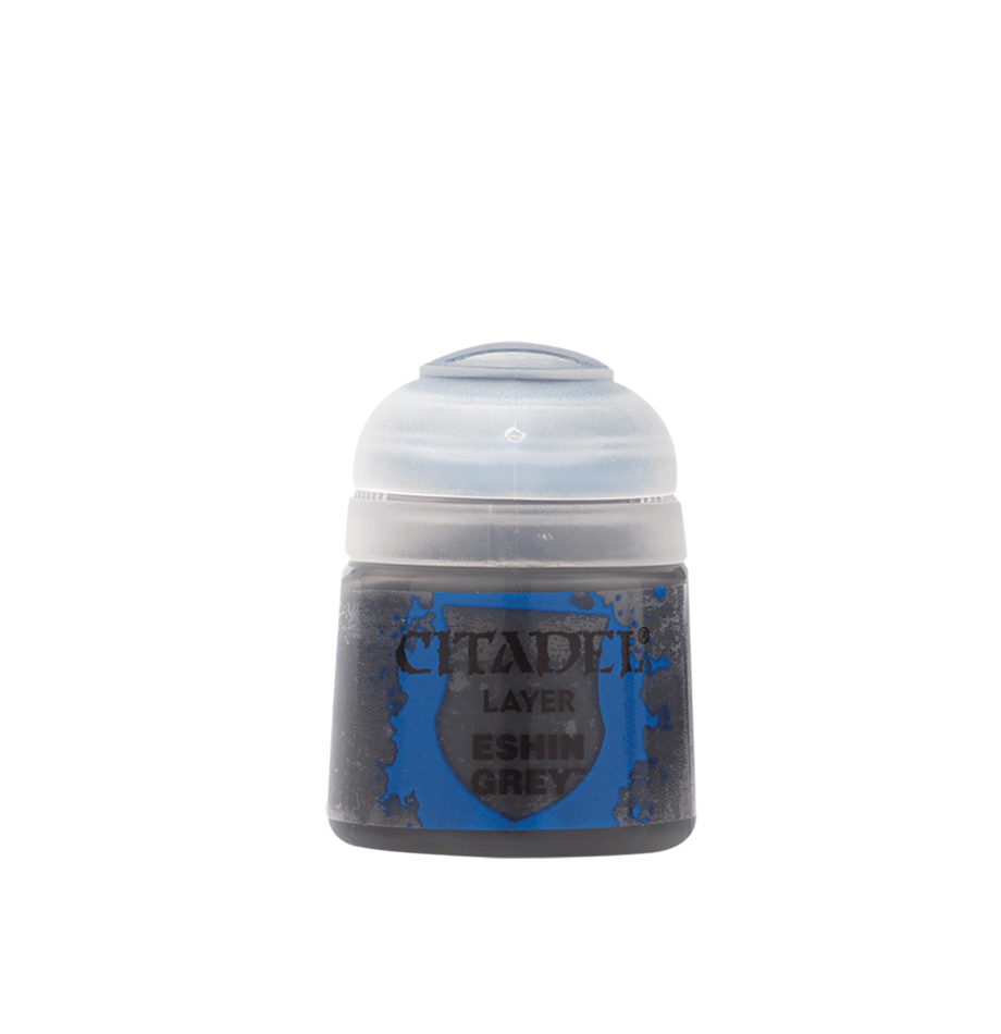 Small gray paint pot with a rounded white flip-top cap and a blue-and-gray label. The label reads “CITADEL,” “LAYER,” and “ESHIN GREY.”