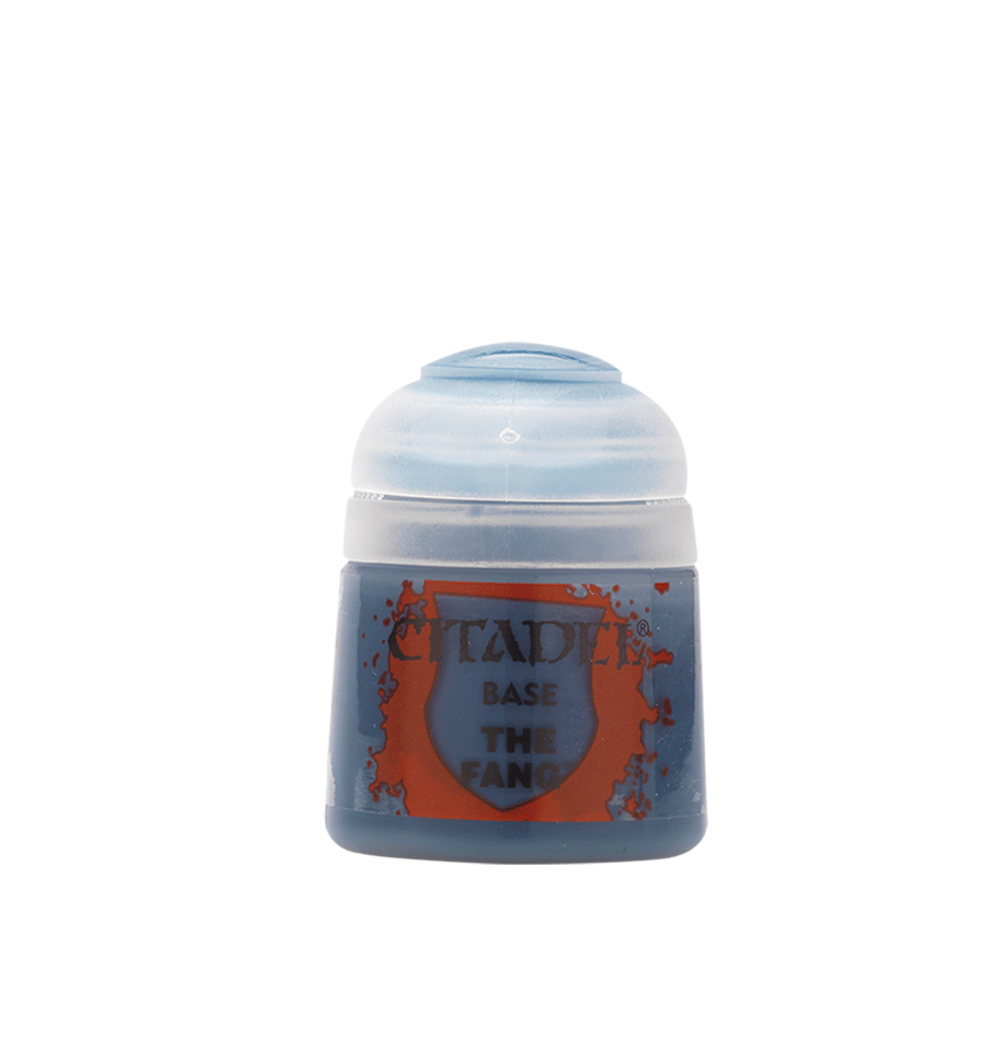 A small gray-blue paint pot with a pale translucent cap stands against a muted green background. Its orange-and-blue label reads “CITADEL,” “BASE,” and “THE FANG.”