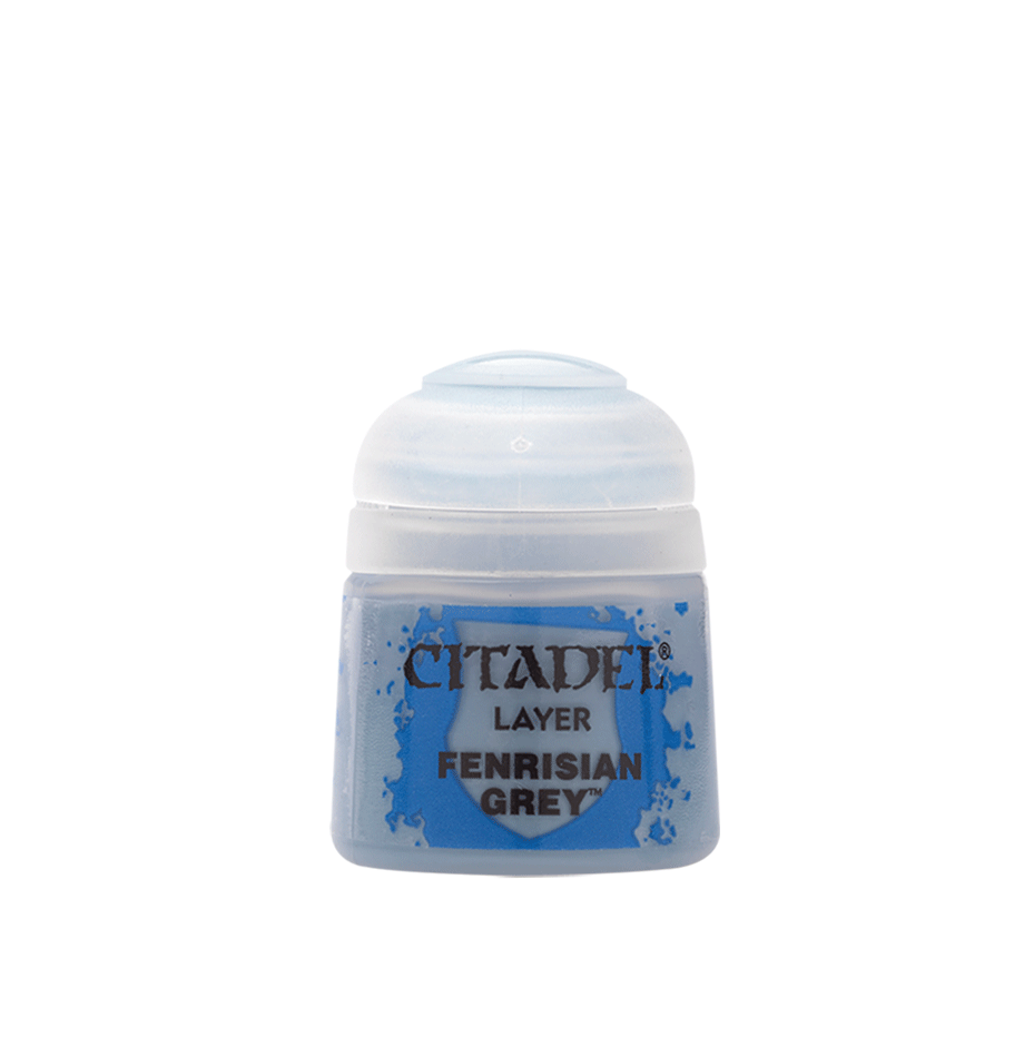 A small pale blue-grey paint pot with a white domed cap, shown upright against a plain background. Its blue splatter-style label reads “CITADEL,” “LAYER,” and “FENRISIAN GREY.”