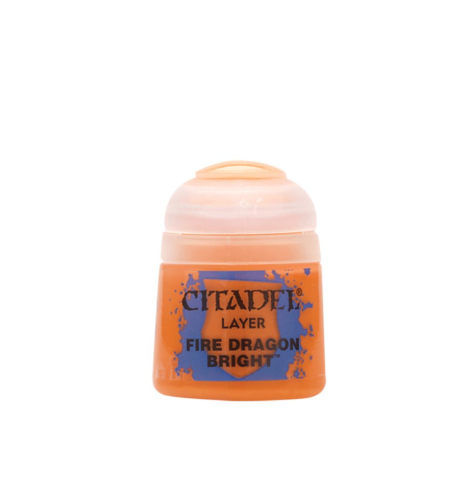 Small orange Citadel paint pot shown alone against a dark green background, with a pale translucent lid and blue-and-orange label. The label reads “CITADEL,” “LAYER,” and “FIRE DRAGON BRIGHT.”