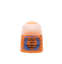 Small orange Citadel paint pot shown alone against a dark green background, with a pale translucent lid and blue-and-orange label. The label reads “CITADEL,” “LAYER,” and “FIRE DRAGON BRIGHT.”