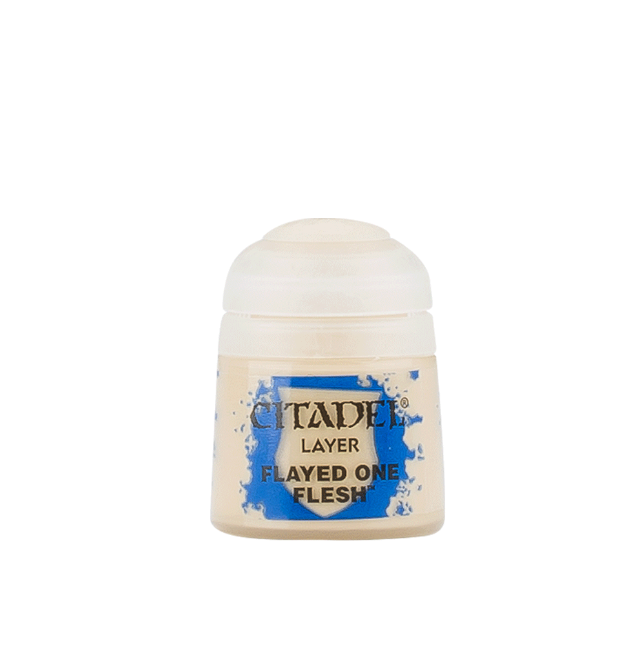 A small off-white Citadel paint pot shown upright against a plain background, with a bright blue label reading “CITADEL,” “LAYER” and “FLAYED ONE FLESH.”
