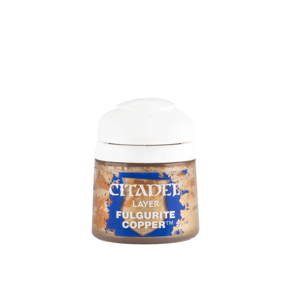 A small paint pot with a broad white flip-top lid and a copper-brown label with blue and white graphics. The label prominently reads “CITADEL,” “LAYER” and “FULGURITE COPPER.”