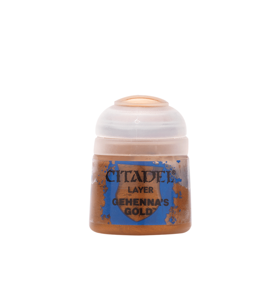 A small paint pot with a translucent white flip-top lid and a blue-and-gold splatter label. The label reads “CITADEL,” “LAYER,” and “GEHENNA’S GOLD.”