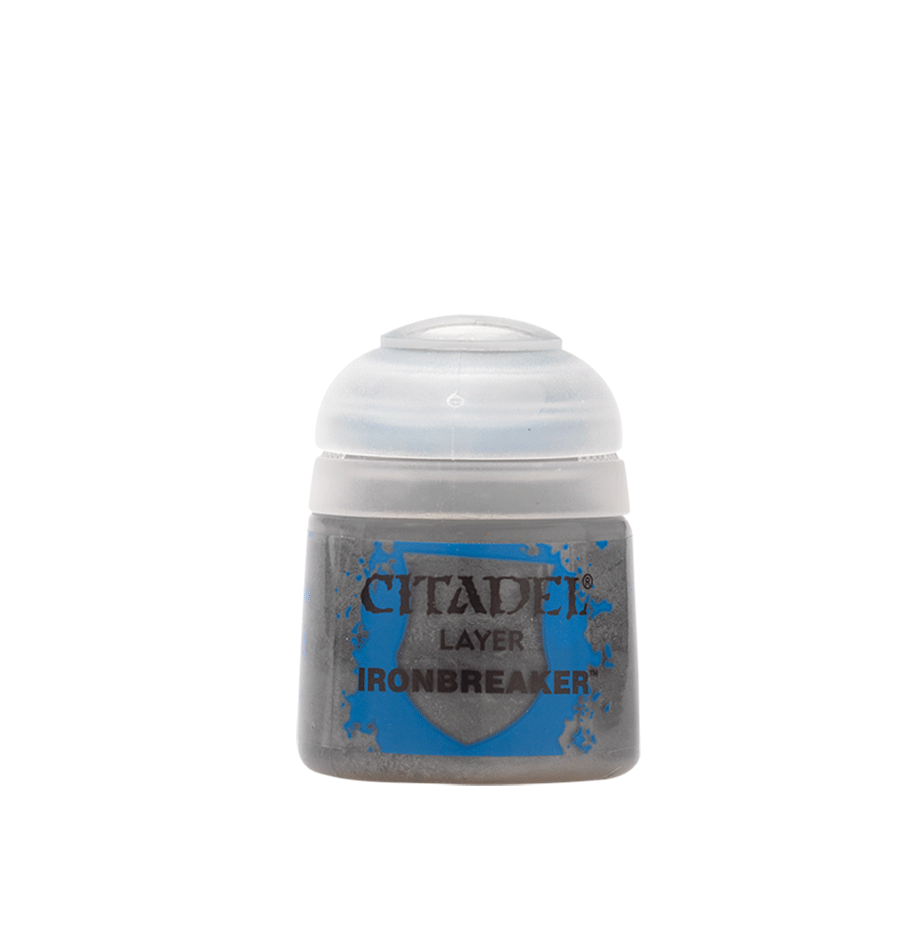 Small paint pot shown upright against a plain green background, with a white flip-top cap and gray body. Its bright blue label reads “CITADEL,” “LAYER,” and “IRONBREAKER.”
