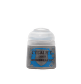 Small paint pot shown upright against a plain green background, with a white flip-top cap and gray body. Its bright blue label reads “CITADEL,” “LAYER,” and “IRONBREAKER.”