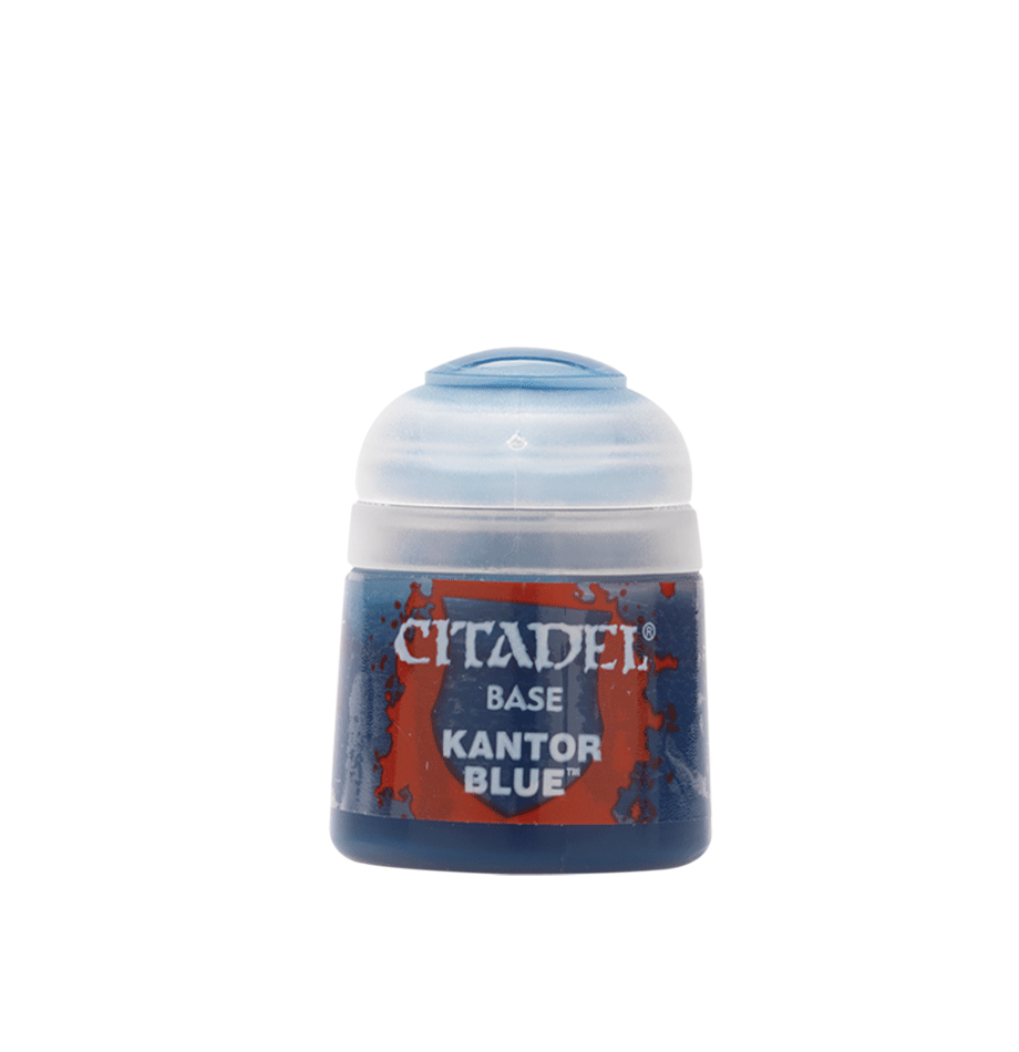 A small pot of dark blue paint with a white cap, shown upright against a plain background. Its red-and-blue label reads “CITADEL,” “BASE,” and “KANTOR BLUE.”