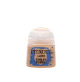 A small squat paint pot with peach-tan paint, a translucent white cap and a blue-and-tan label, shown upright against a solid dark green background. The label reads “CITADEL,” “LAYER” and “KISLEV FLESH.”