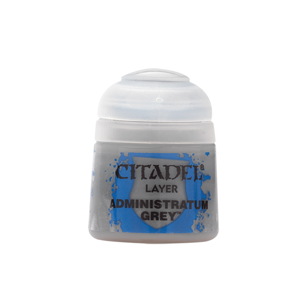 Front view of a small grey paint pot with a rounded white cap and a blue-and-grey label. The label reads “CITADEL,” “LAYER,” and “ADMINISTRATUM GREY.”