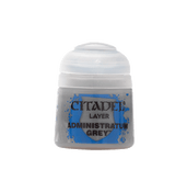 Front view of a small grey paint pot with a rounded white cap and a blue-and-grey label. The label reads “CITADEL,” “LAYER,” and “ADMINISTRATUM GREY.”
