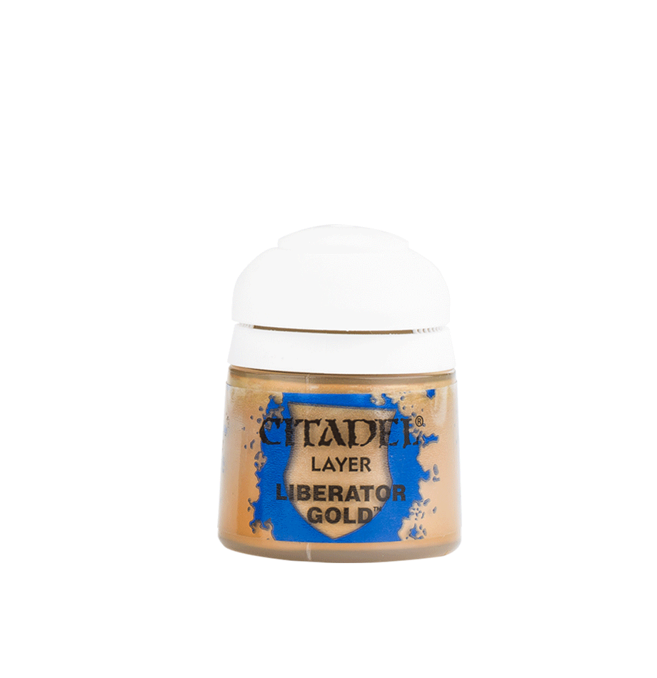 Small round paint pot with a white screw-top lid and metallic gold paint visible through the container. Its blue-and-gold label reads “CITADEL,” “LAYER,” and “LIBERATOR GOLD.”