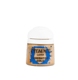 Small round paint pot with a white screw-top lid and metallic gold paint visible through the container. Its blue-and-gold label reads “CITADEL,” “LAYER,” and “LIBERATOR GOLD.”