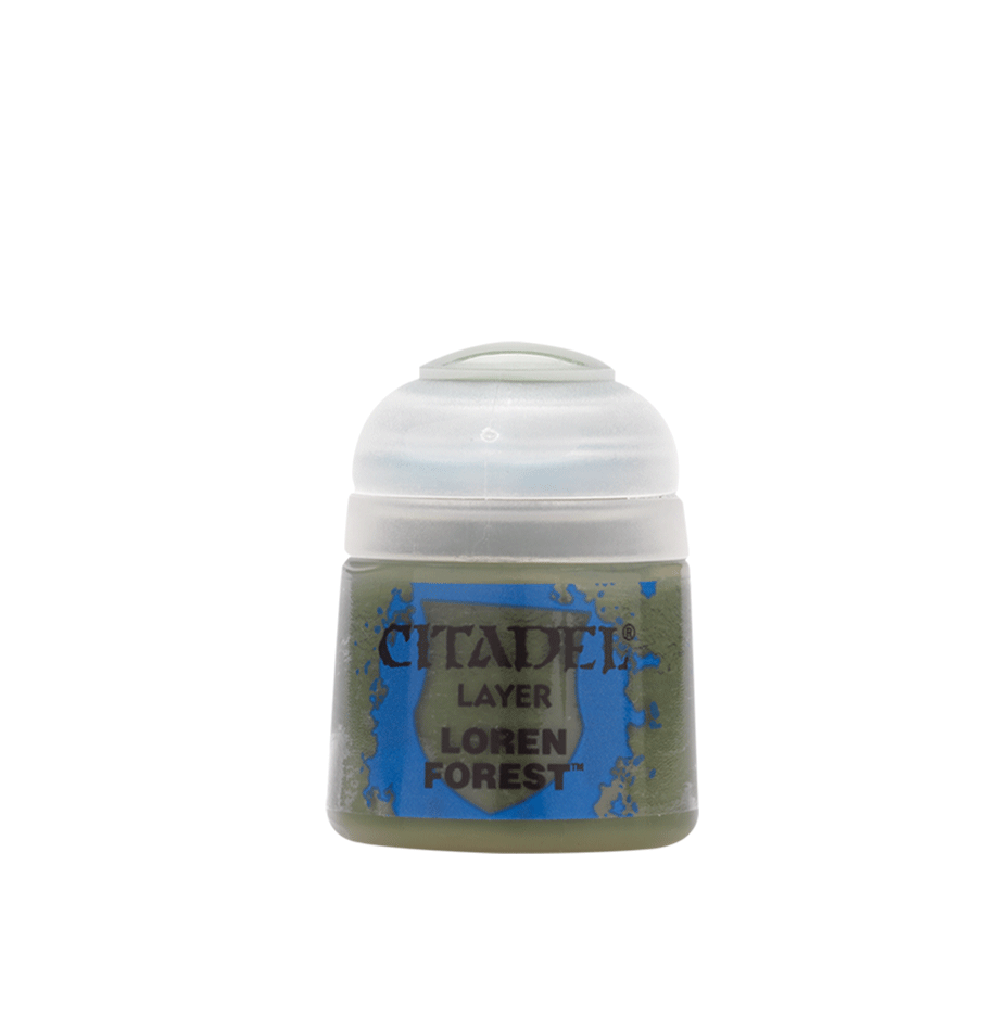 A small Citadel paint pot with a white flip-top cap and an olive-green body, shown upright against a plain background. Its blue-and-green label reads “CITADEL,” “LAYER,” and “LOREN FOREST,” which differs from the product details.
