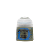 A small Citadel paint pot with a white flip-top cap and an olive-green body, shown upright against a plain background. Its blue-and-green label reads “CITADEL,” “LAYER,” and “LOREN FOREST,” which differs from the product details.